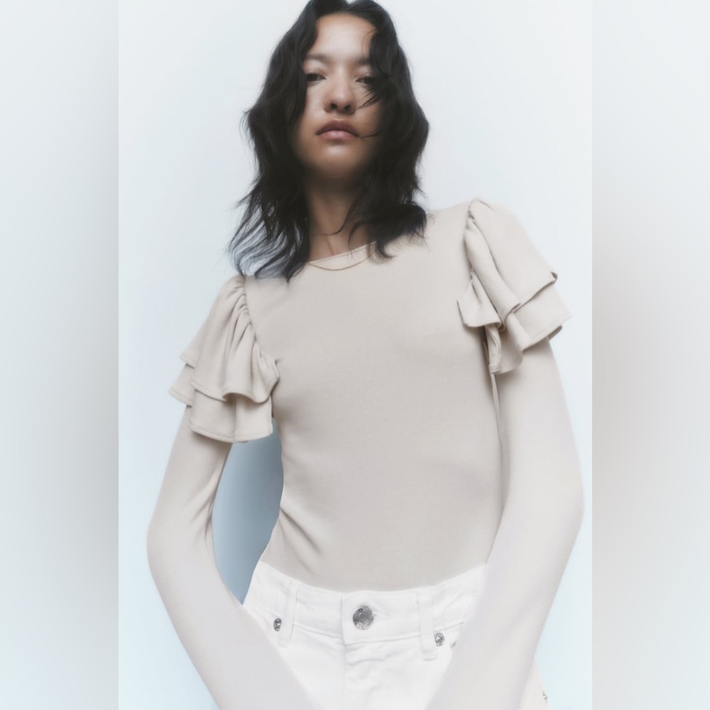 Zara Ribbed T-Shirt With Ruffles